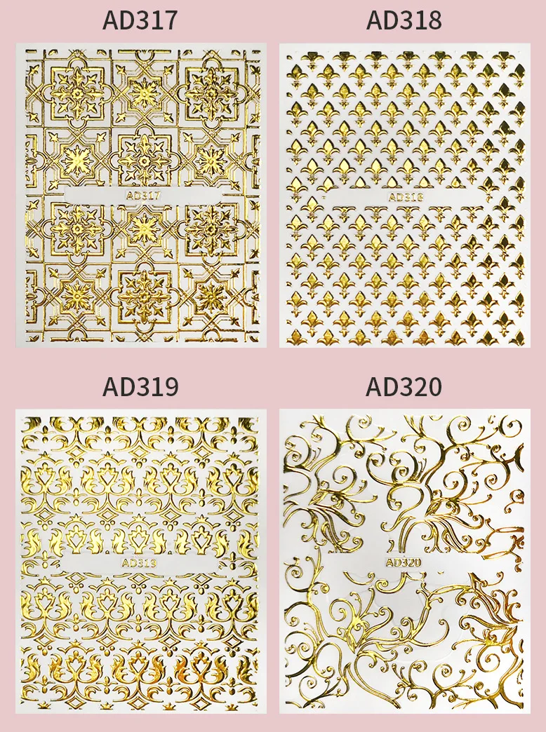 Custom Metallic Gold Flower Pattern Nail Decal 3D Adhesive  Sliders Warp Polish Press On DIY Nail Art Decorations Stickers