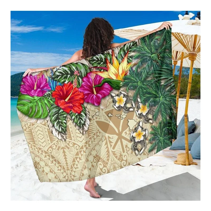 Пляжная одежда с принтом на заказ саронг Kanaka Maoli (Гавайский) Sarong Hibiscus черепаха тату бежевая Женская для плавания шифоновая парео