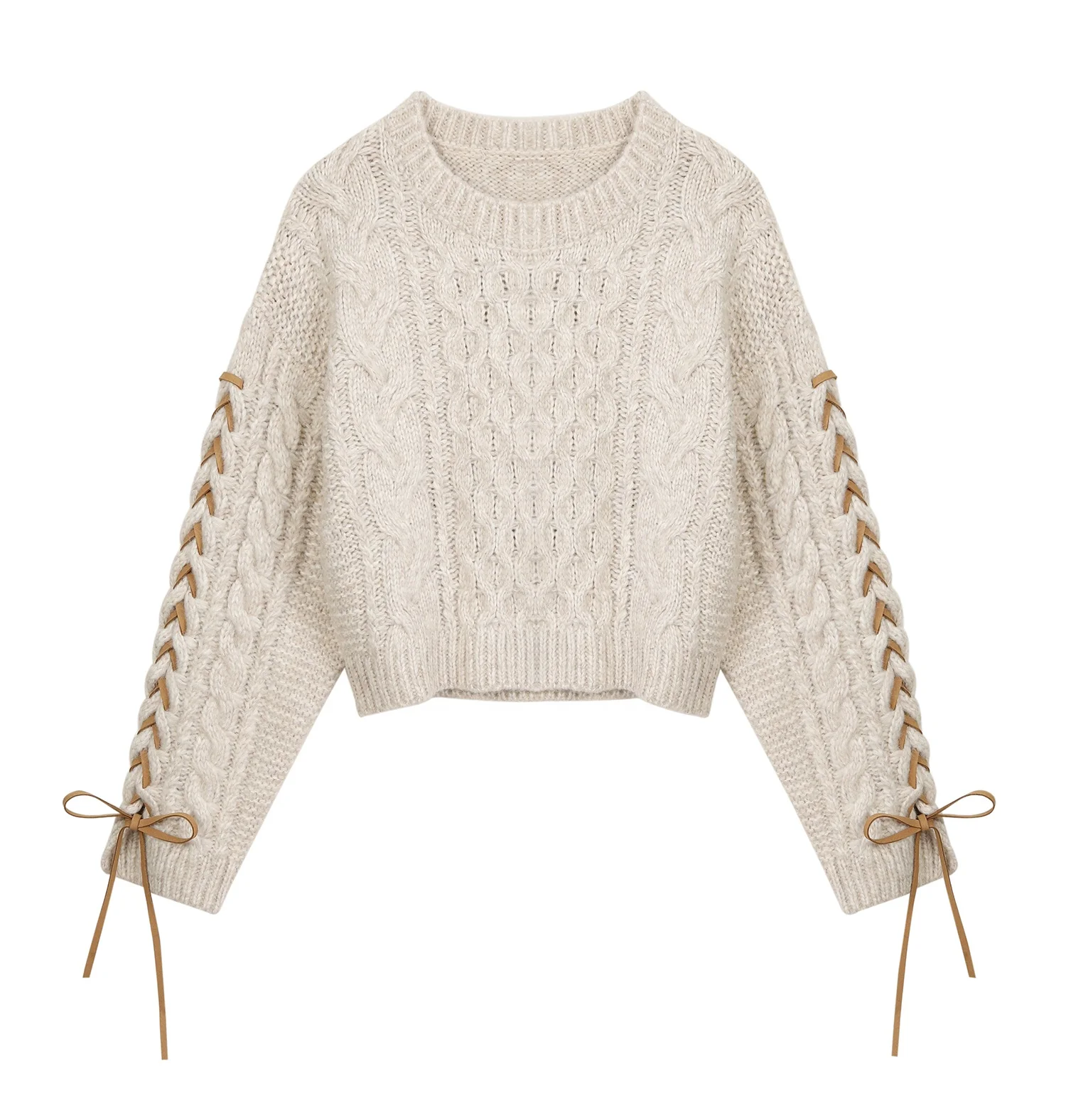 Женский зимний мягкий и теплый шерстяной и серый вязаный пуловер со шнуровкой