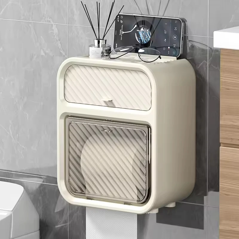 Modern Style Bathroom Wall-mounted Two-layer Space Rectangular Plastic Tissue Storage Box Tissue Box