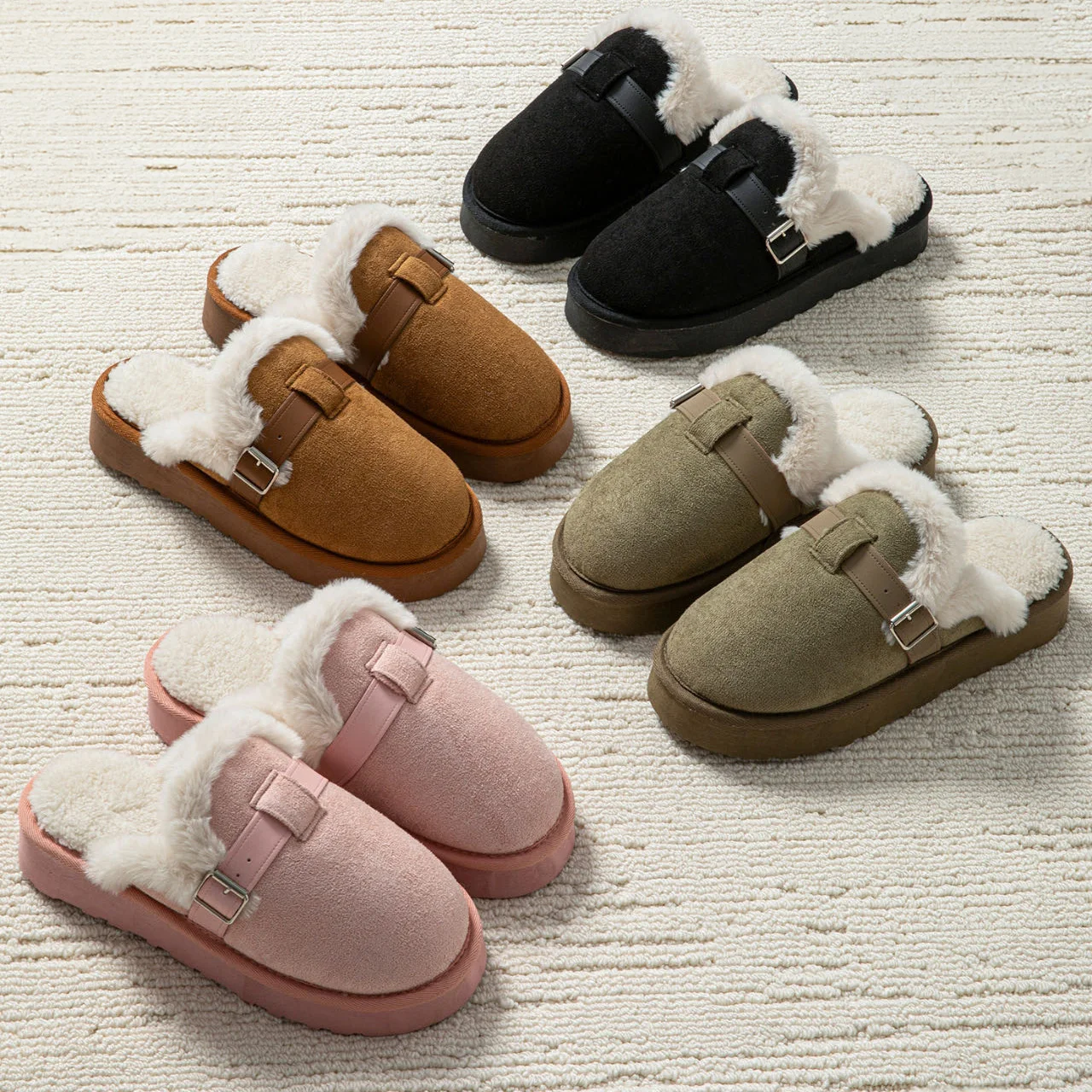 Vintage belt buckle cotton slippers women plush slipper warm thick bottom indoor home slipper