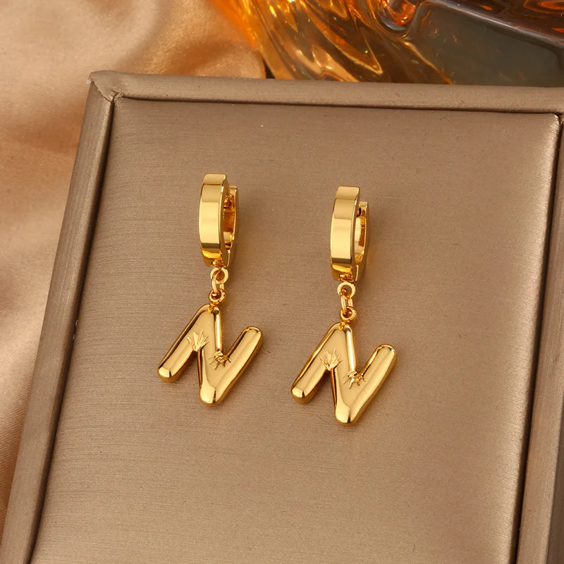 High Quality Stainless Steel 18K Gold Huggie Hoop Dangle Earrings 26 English Initial Alphabet Bubble Letter Drop Earrings Women