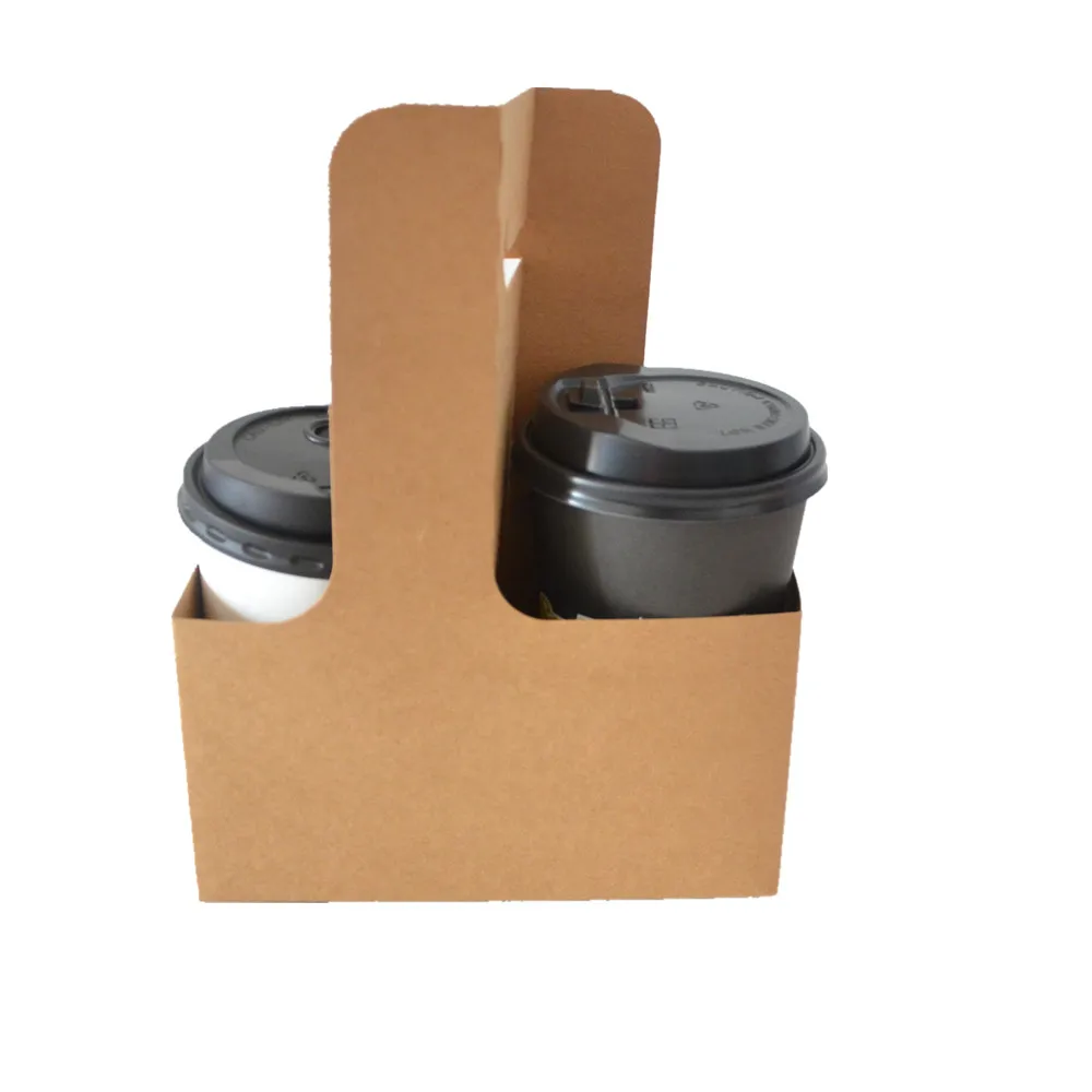 Green Treausre Customized cheap take away hot drink tea carrier papercup with handle disposable kraft paper coffee cup holder
