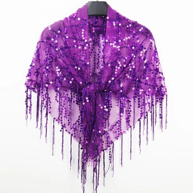 Classical Shiny Sequin Fringe Shawl Triangular Hip scarf for Evening banquet Party Dance performance dress wear accessory