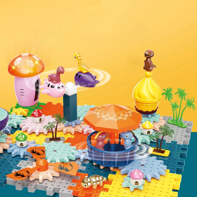 Creative cartoon dinosaur Windmill gear building block park 2 in 1 light music children DIY educational toys 2024