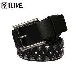 2020 new triangle rivet head layer cowhide belt 3.8 width men and women type black cowboy belt wholesale manufacturers