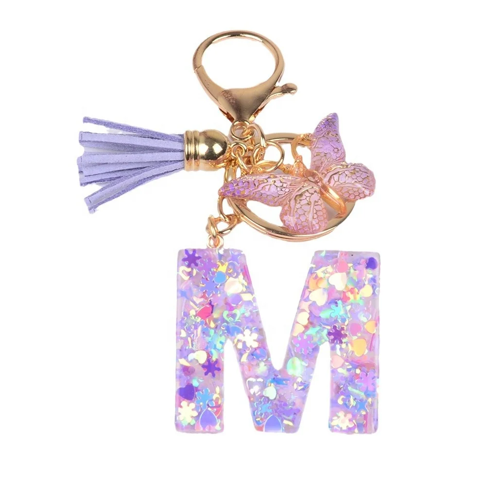 Colourful Cute Initial Letter Keychains for Women Girls with Tassel Butterfly Charm for Purse Handbags Backpacks