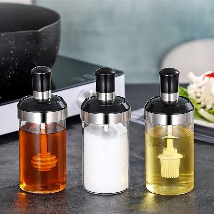  250ml*3pcs Full Set Salt Pepper Herb Spice Seasoning Bottle Jar Tools Container with Moisture-Proof Lid of Spoon Honey