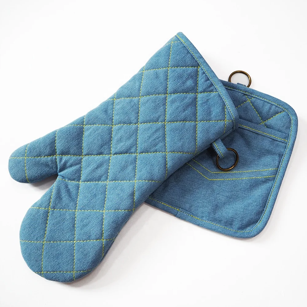 Термостойкая сверхпрочная кухонная варежка для духовки, пользовательский кулинарный шеф-повар, логотип от производителя, барбекю, джинсовая перчатка для духовки
