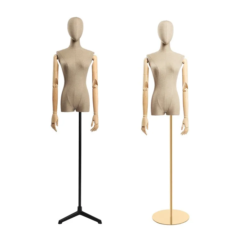 High quality mannequin female half solid wood arm window display clothing store wedding dress model dummy apricot fabric