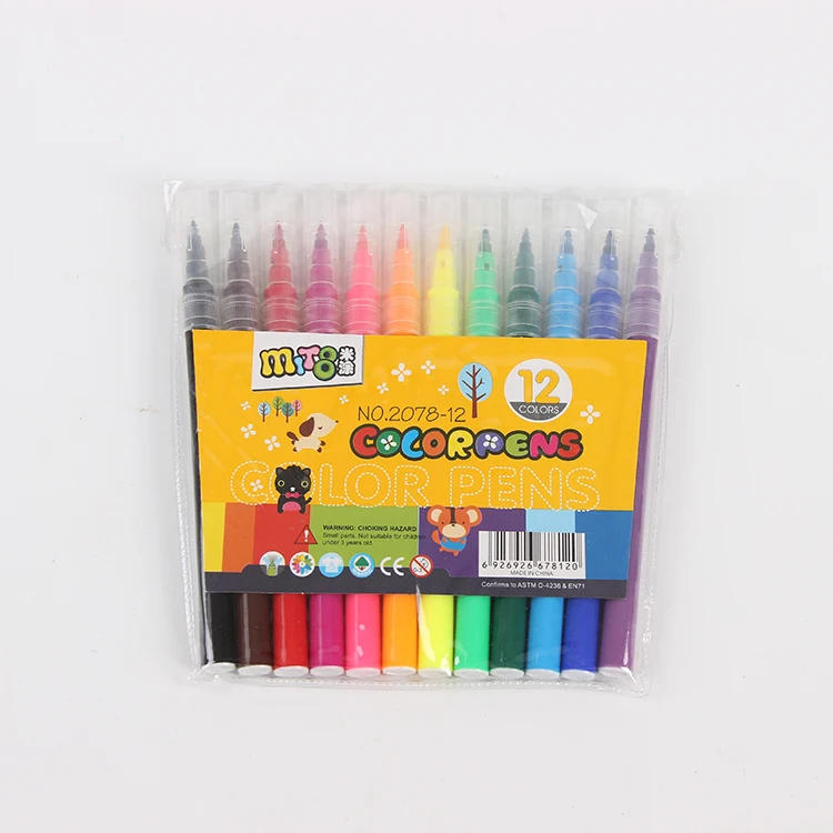 12 Colors kid art Washable Non-Toxic Soft Felt Tip Fiber Brush Marker Water Color Pen