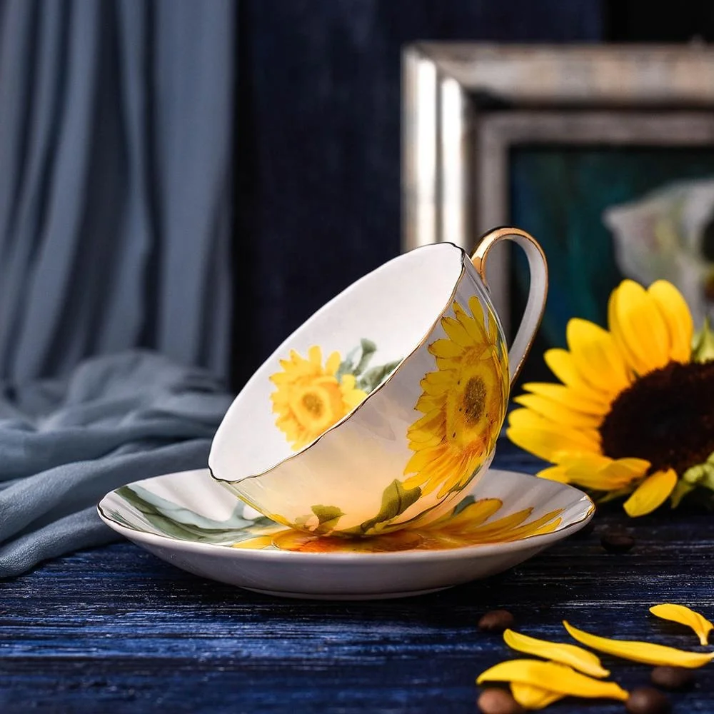 Creative sunflower coffee cup saucer set british home office flower tea cup drawing gold rim bone china cup custom logo