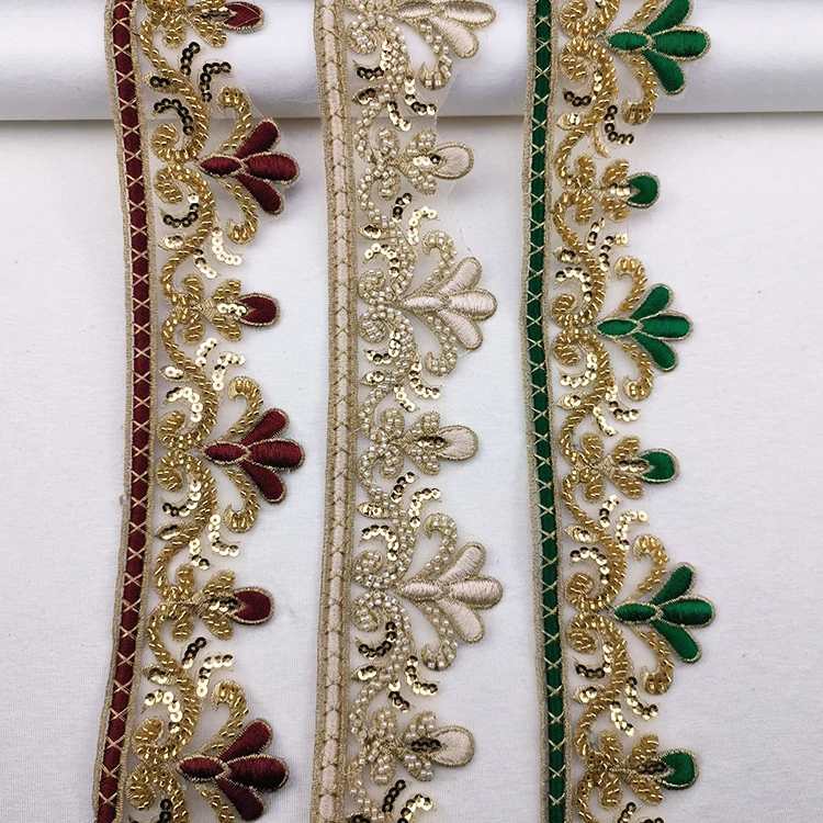 Wholesale Colorful Handmade Wedding Beaded Flower Trim Gold 3D Nylon Lace Embroidered Ribbon Applique And Trim For Dress