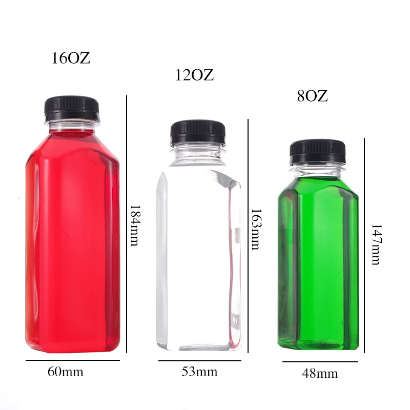 Custom Disposable 8oz 12oz 16oz 500ml Slim Square PET Plastic Beverage Juice Bottles for Drink