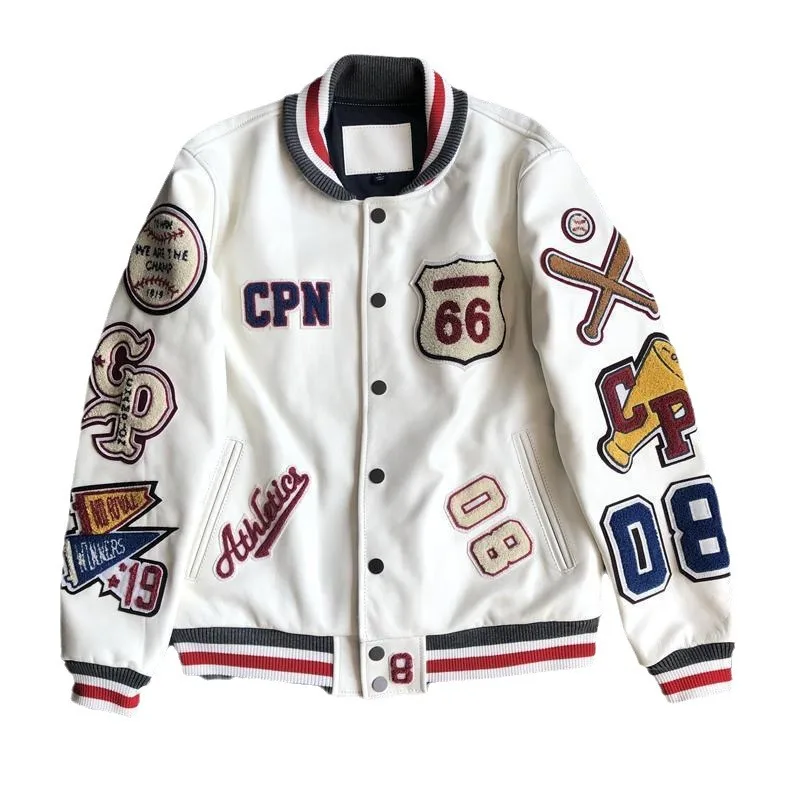 towel embroidery leather jacket mens womans varsity jacket with lining high quality fashion leather coat without hood