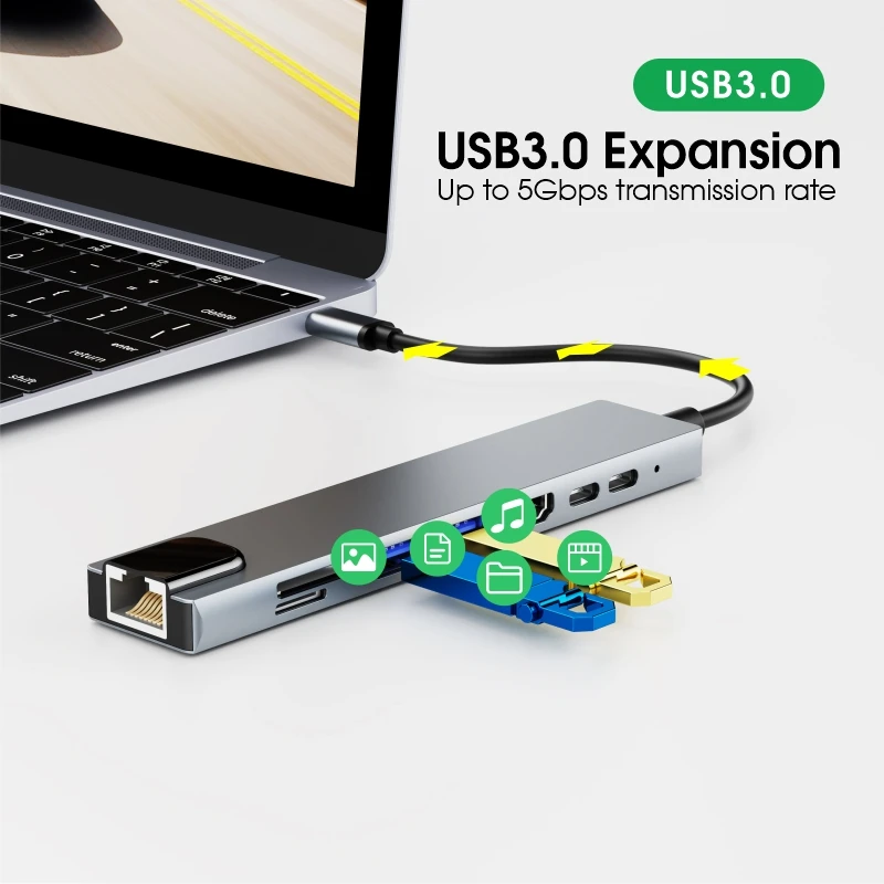 High Quality 8 in 1 USB C Hub USB 3.0 4K UHD HDMI RJ45 Ethernet SD Card Reader Type C USB Hub with Charging Port for Macbook