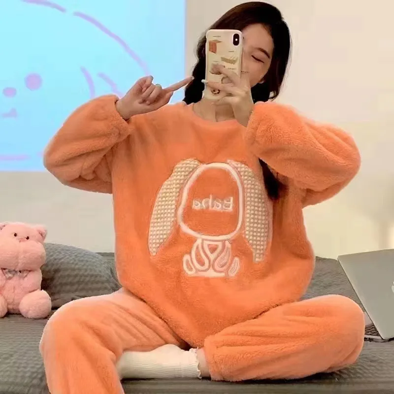 Factory Autumn and Winter Women Pyjamas Sets Thick Keep Warm Flannel Long Sleeve Female Cartoon Bear Animal Pants Sleepwear