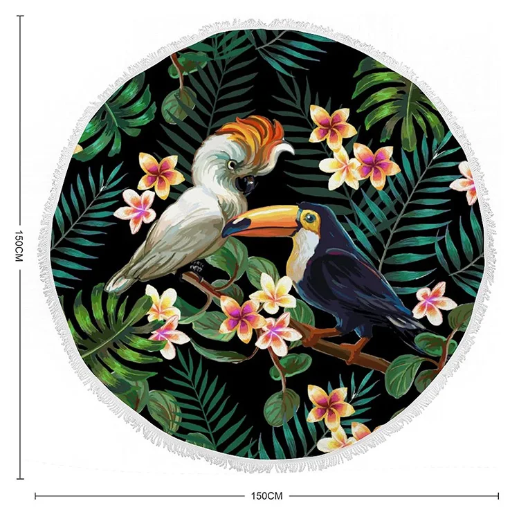Colorful Birds Parrot Round Beach Towel Fast Dry Soft Absorbent Beach Blanket