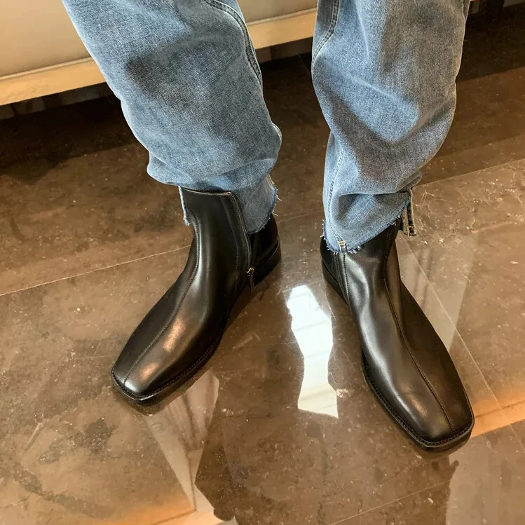 Xinzirain Wholesale Ladies Heel Wide Fit Square Toe Snake Print Genuine Leather Low Heel Women Ankle Boot