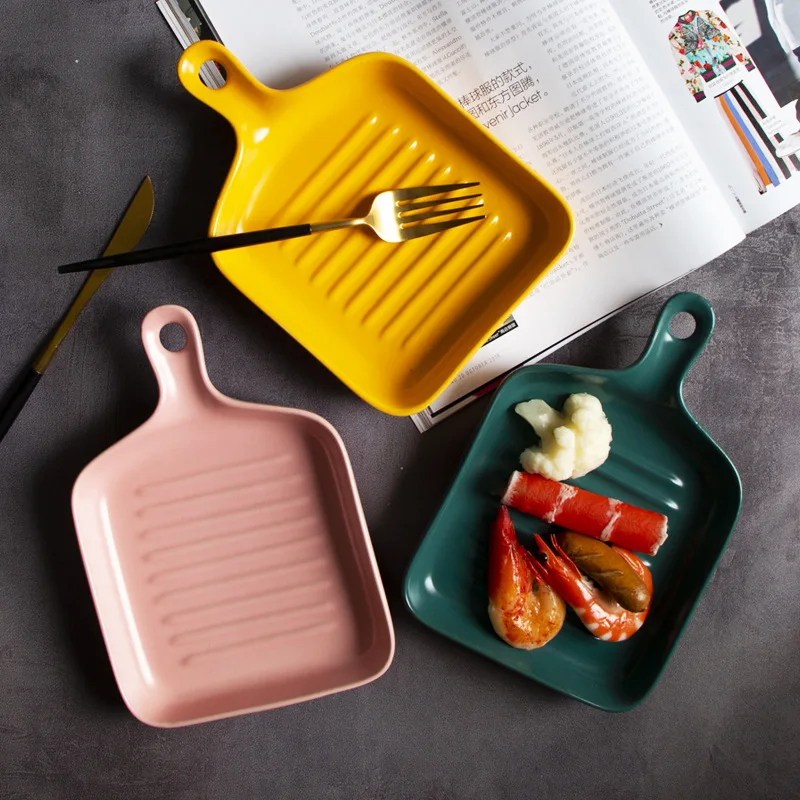 GC Creative Nordic Ceramic Baking Pan for Oven with Handle Rectangular Cake Bakeware Porcelain Plate