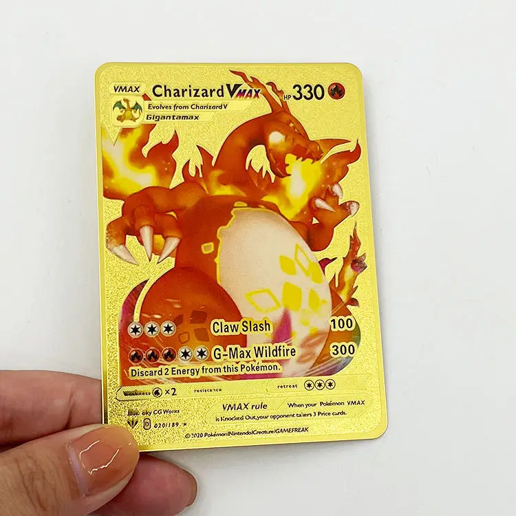 Bozhan High Quality Custom Cheap Wholesale Stainless Steel Metal Gold Game Cards Charizard 1st Pokemoned Cards Vmax