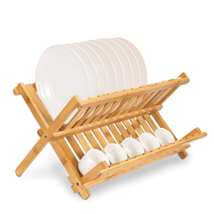 Bamboo 2-tier Folding Dish Drying Kitchen Rack Collapsible Cup Holder