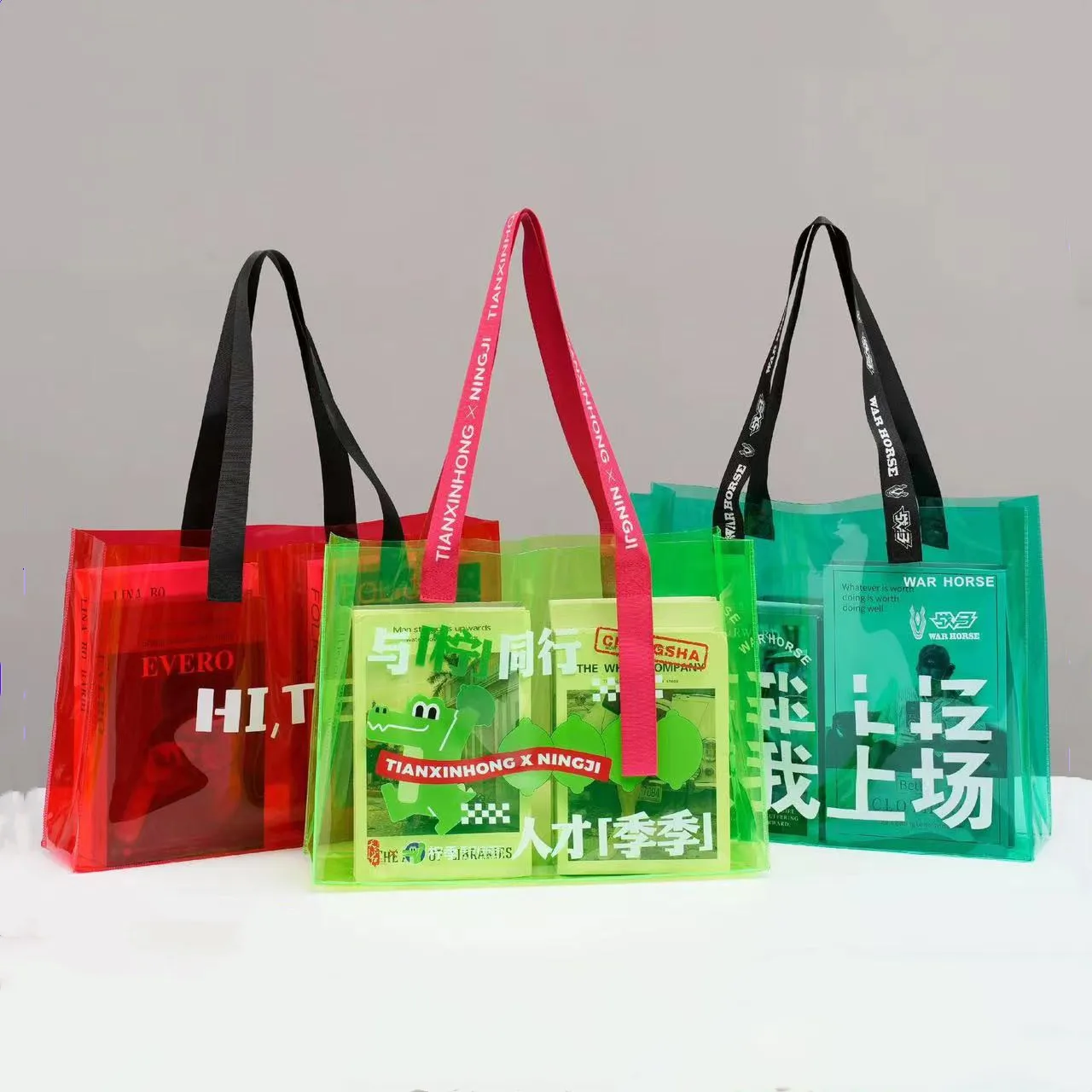 Custom logo transparent clear waterproof neon candy color beach PVC gift shopping tote bag