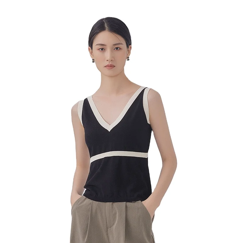 Кашемировый свитер для женщин спереди и сзади с v-образным вырезом майка на бретелях без рукавов; Цвет черный и белый; Вязаный джемпер для девочек