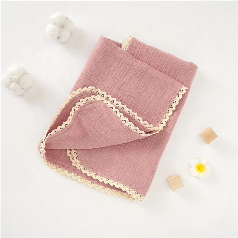 100% Organic Cotton Woven Double Layers Lace Trim Baby Muslin Comforter