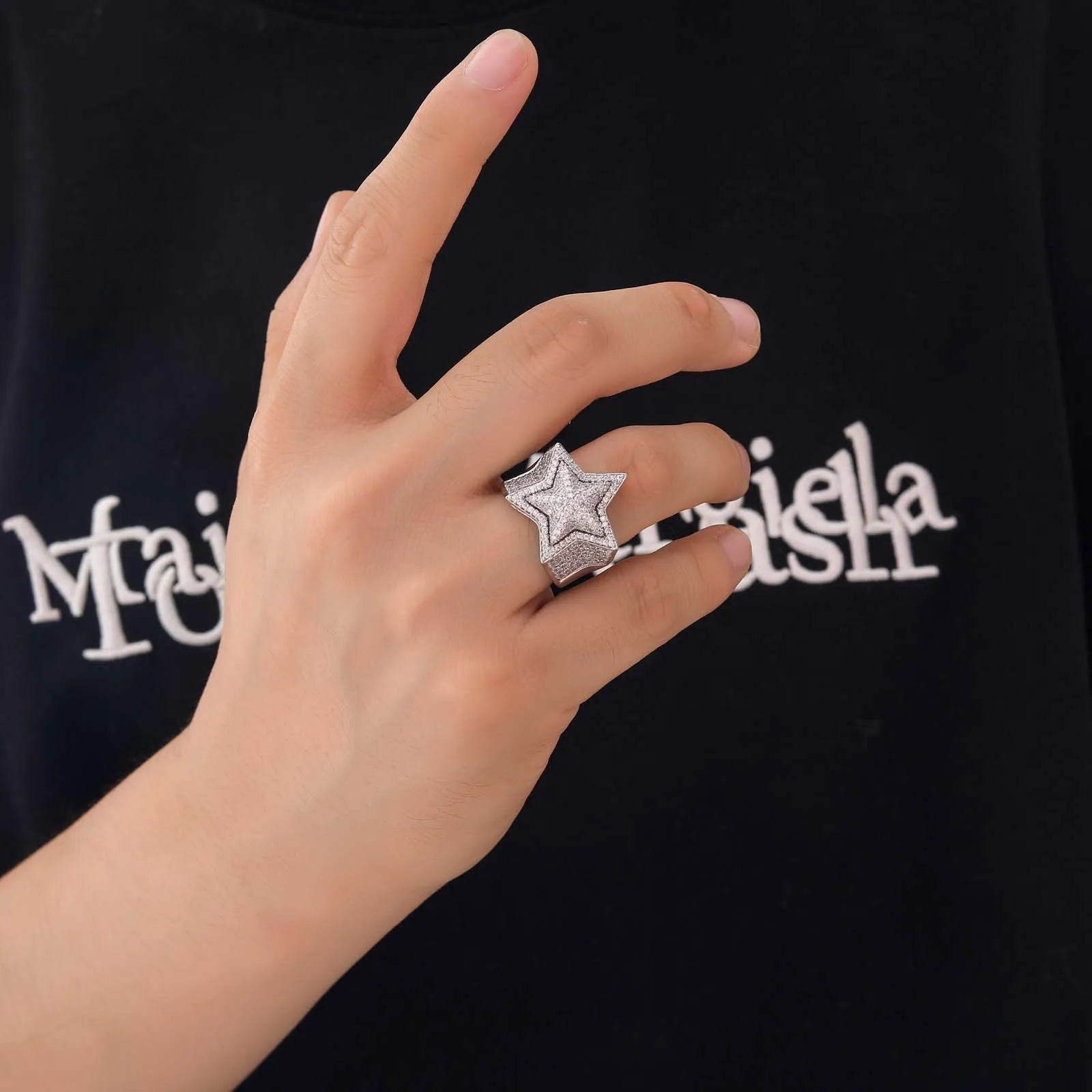 Hip Hop Fashion Luxury Jewelry High Quality Full Pave AAAAA CZ Stone Five Pointed 3D Star Punky Rappers Rings For Men