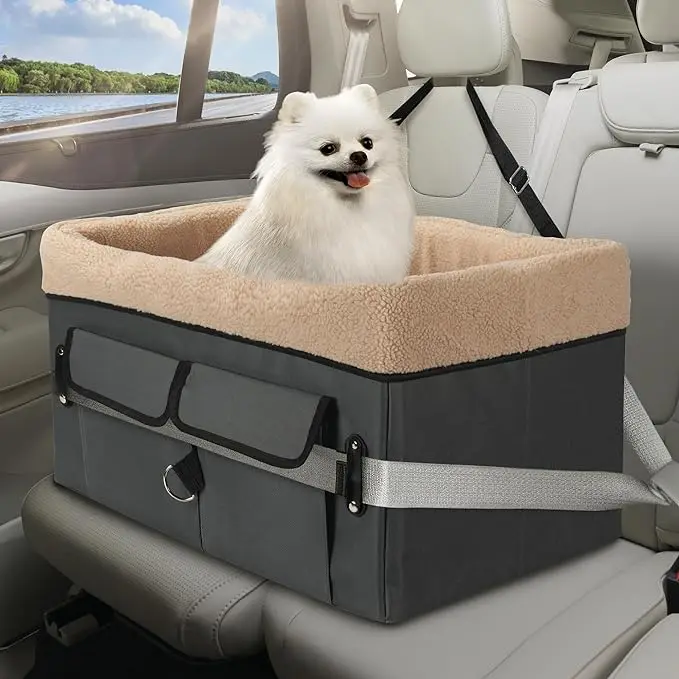 Dog Car Portable Booster Seat for Car with Storage Pockets Clip-On Safety Leash and Adjustable Straps Pet Travel Carrier Bed