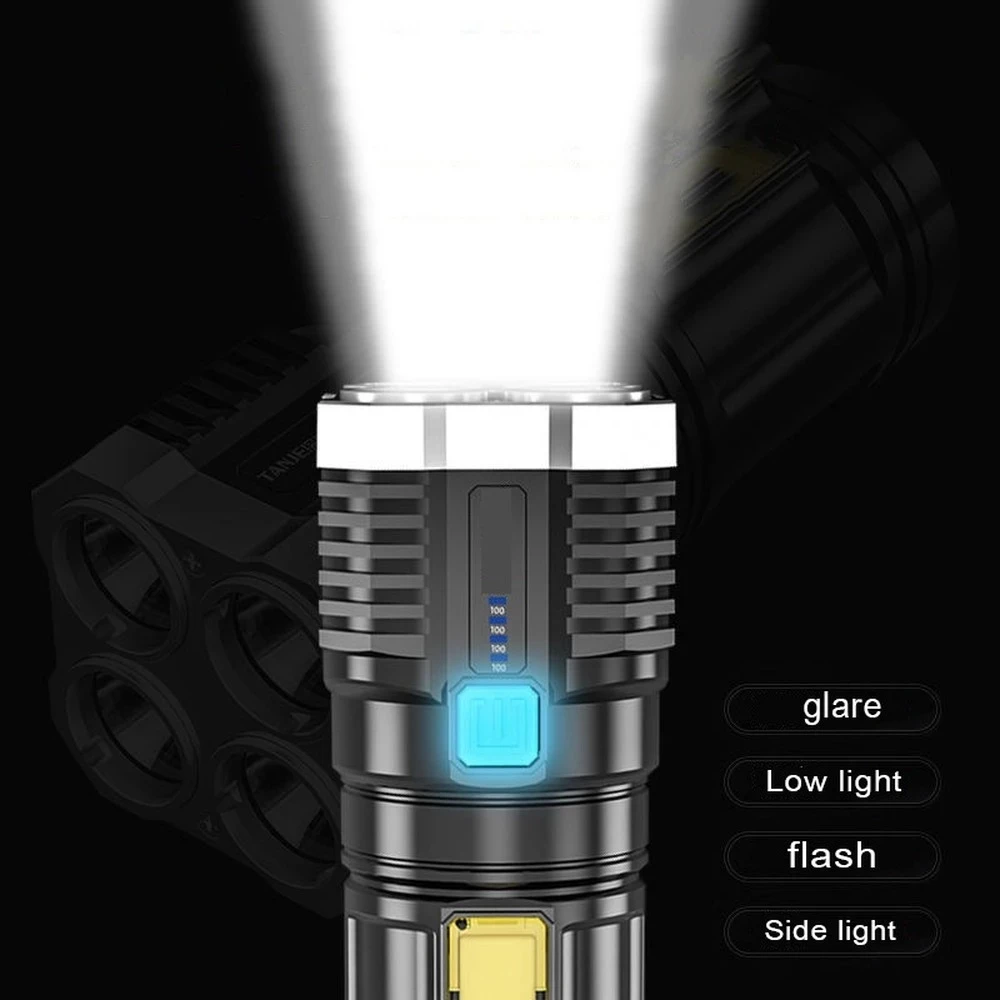 Amazon Hot Sale 4 Core Rechargeable LED Flashlight with COB Light Long-range Spotlight Battery LED Display For Outdoor