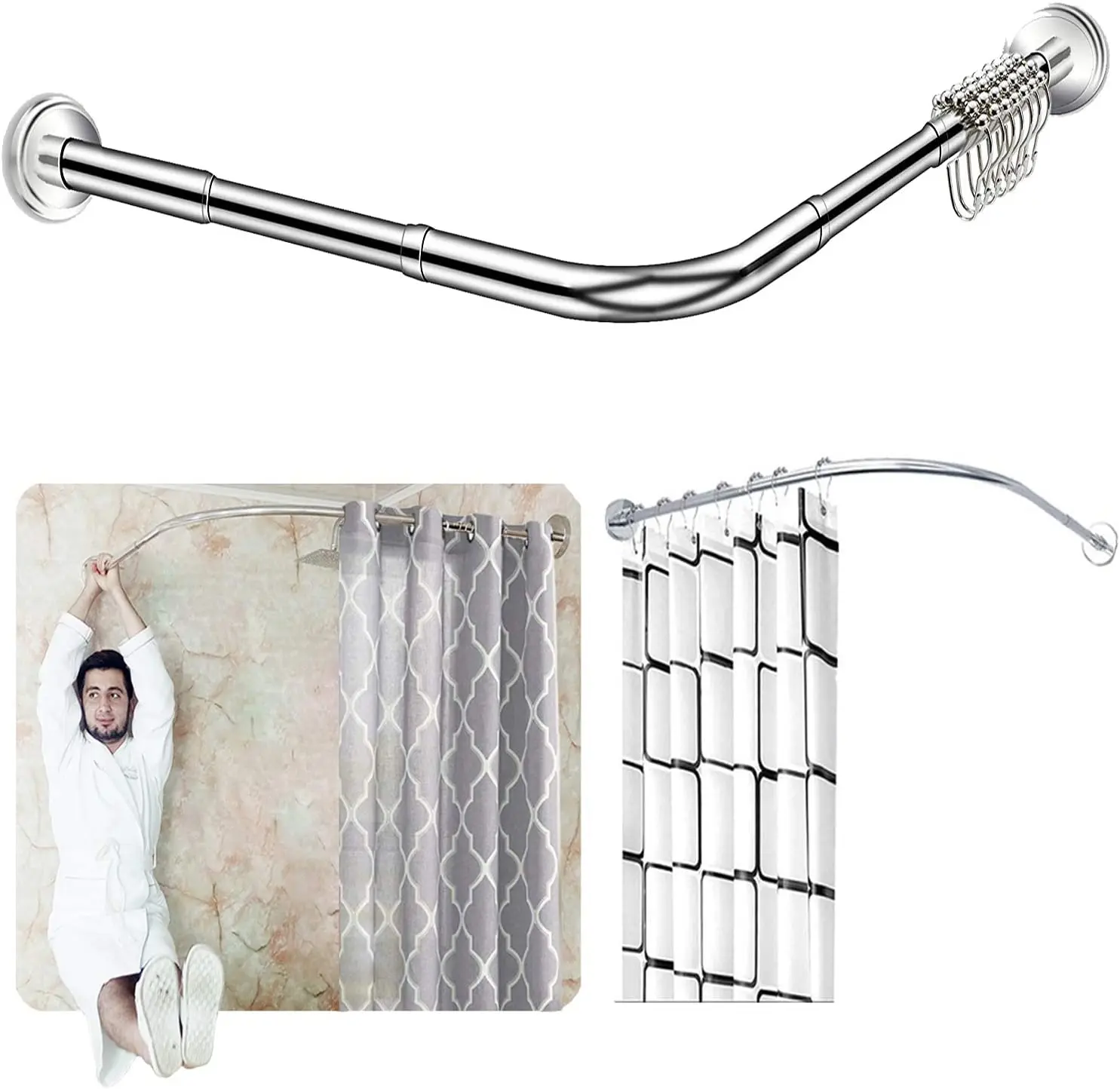 New Life Stretchable Drill Free Install 304 Stainless L Shaped Shower Curtain Rod