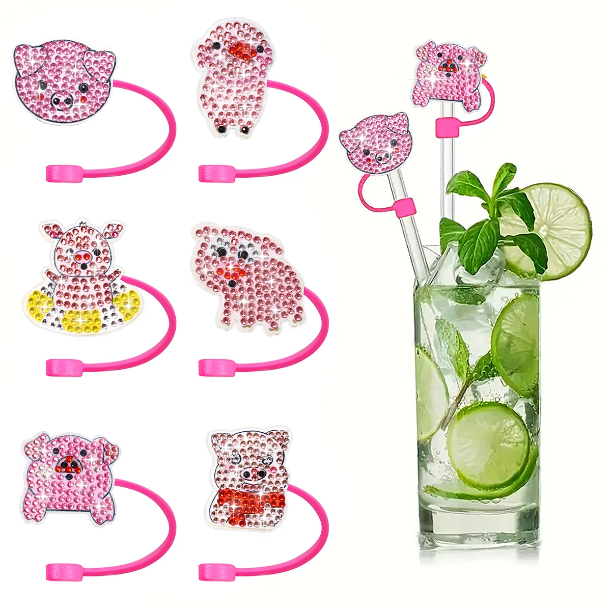 China Factory Custom Logo Reusable Silicone Straw Covers Cap Charms DIY Pink Pig Glitter Straw Toppers Diamond Painting Animal