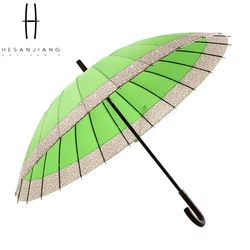 24K large green long gift umbrella manual open wooden hook handle straight umbrella with custom logo