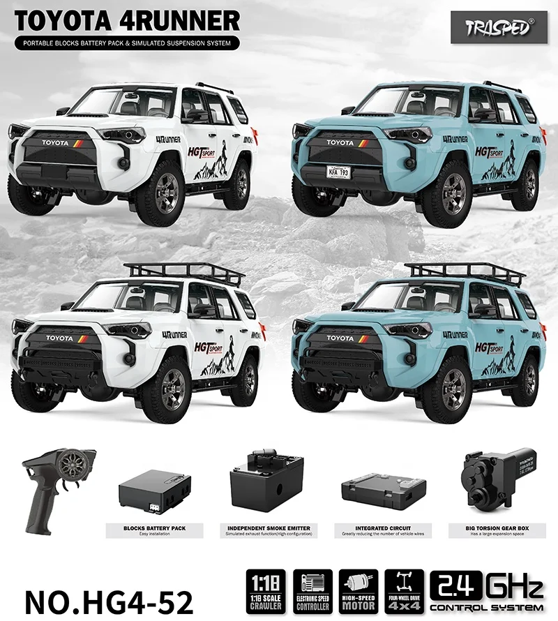 Licensed Fully Equipped TRASPED 1/18 Toyoto 4RUNNER RC Trail Truck with Smoke Generator Sound Lights