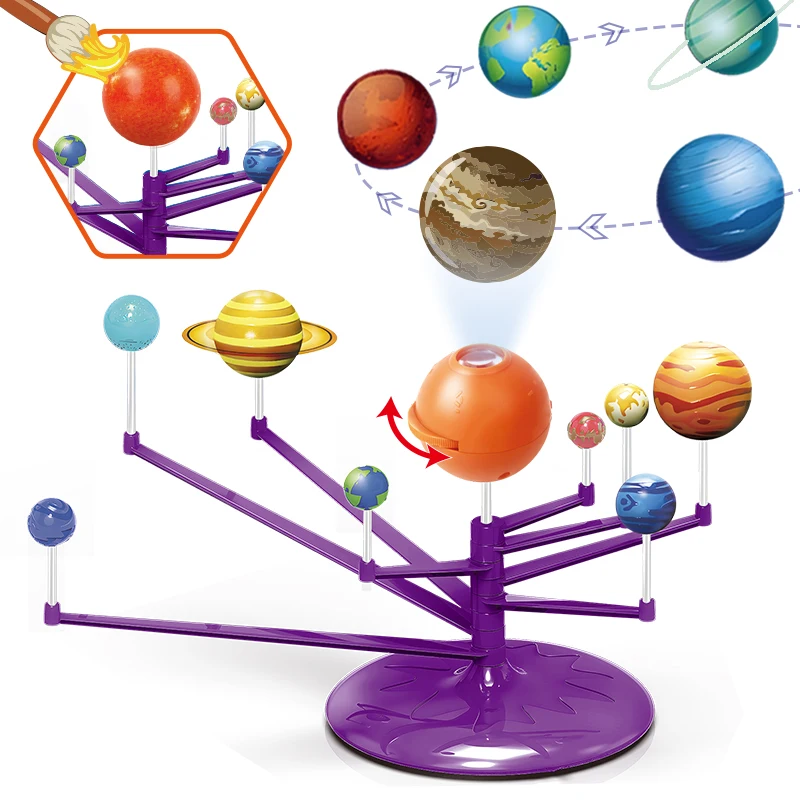 New 2 In 1 Astronomy Planet Teaching Model Diy Stem Solar System Nine Planet Toy with Planetarium Projector
