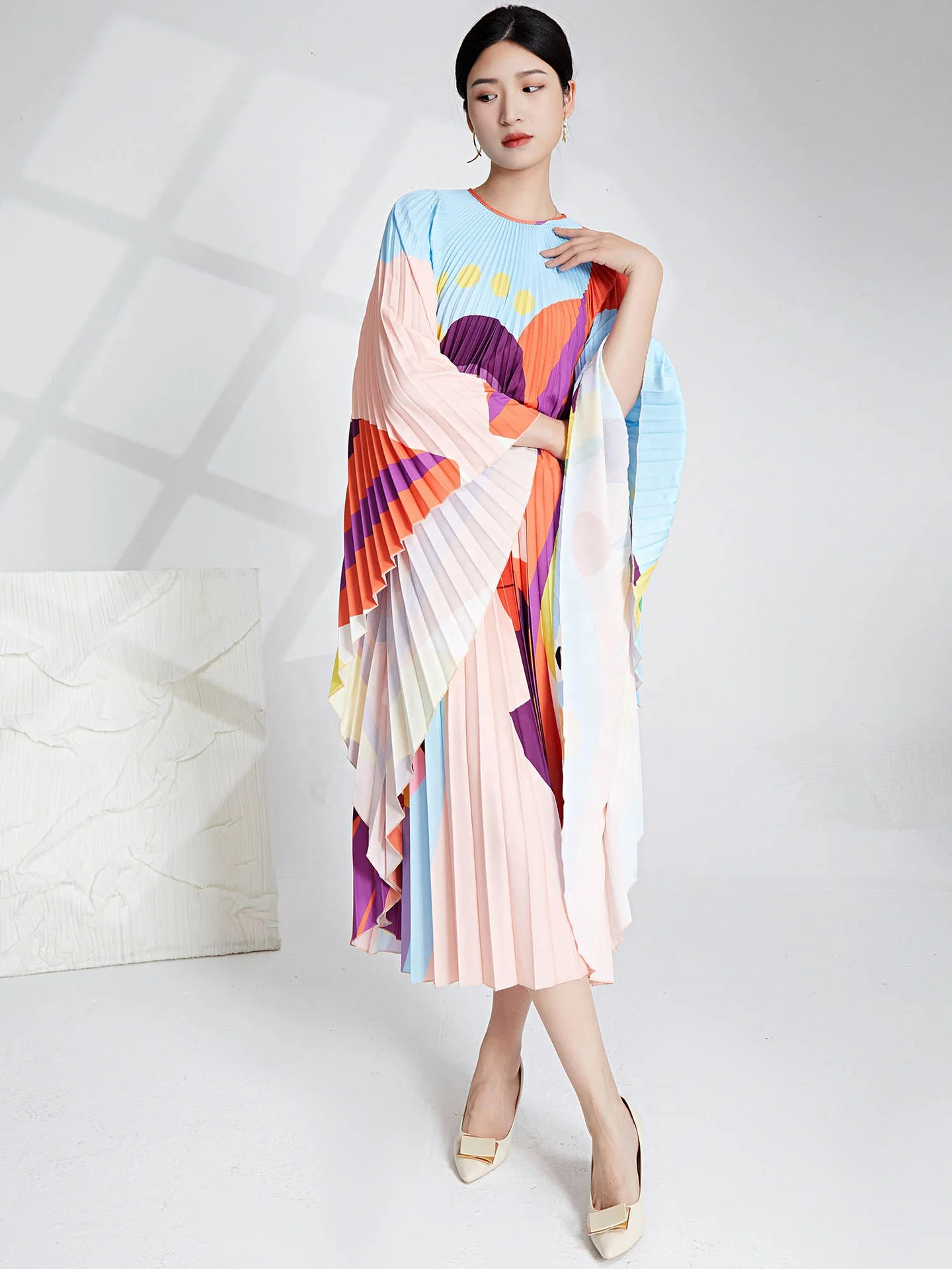 Женское свободное плиссированное платье с длинным рукавом, широкое Модное Длинное платье большого размера с принтом, 2023