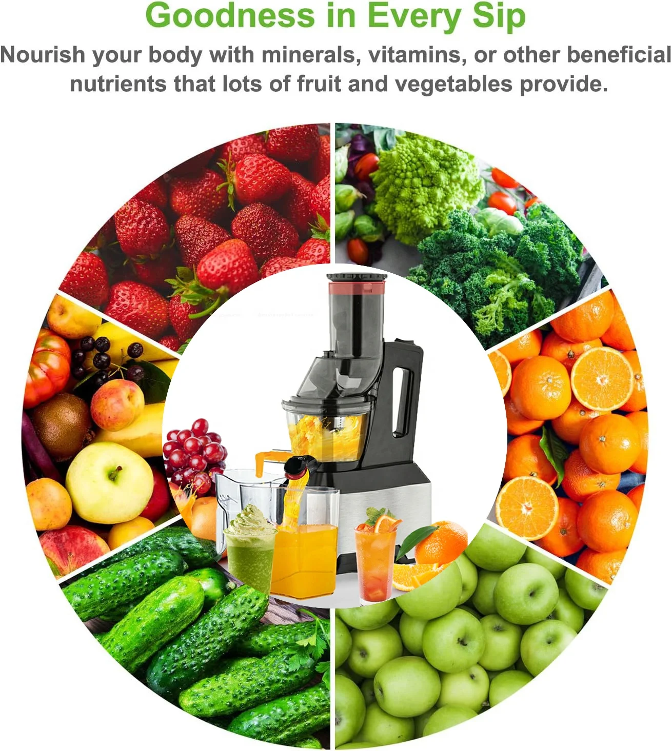 Large Feed Chute Stainless Steel Cold Press Vertical Hands Free Slow Juicer Extractor Machine Orange Blender