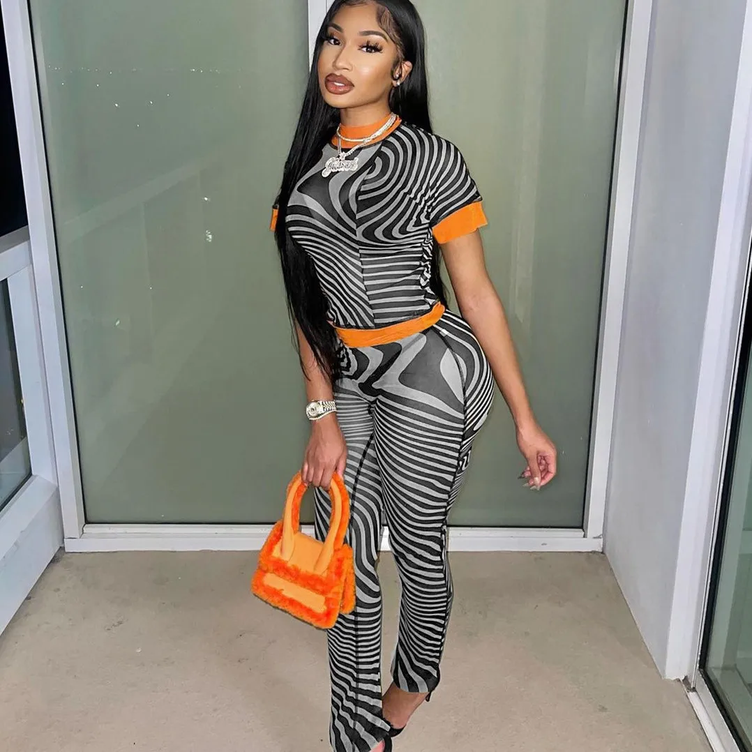 Summer Womens Clothing Perspective Zebra Stripe Print Matching Short Sleeve 2pc Cropped Top Outfits Two Piece Pants Set