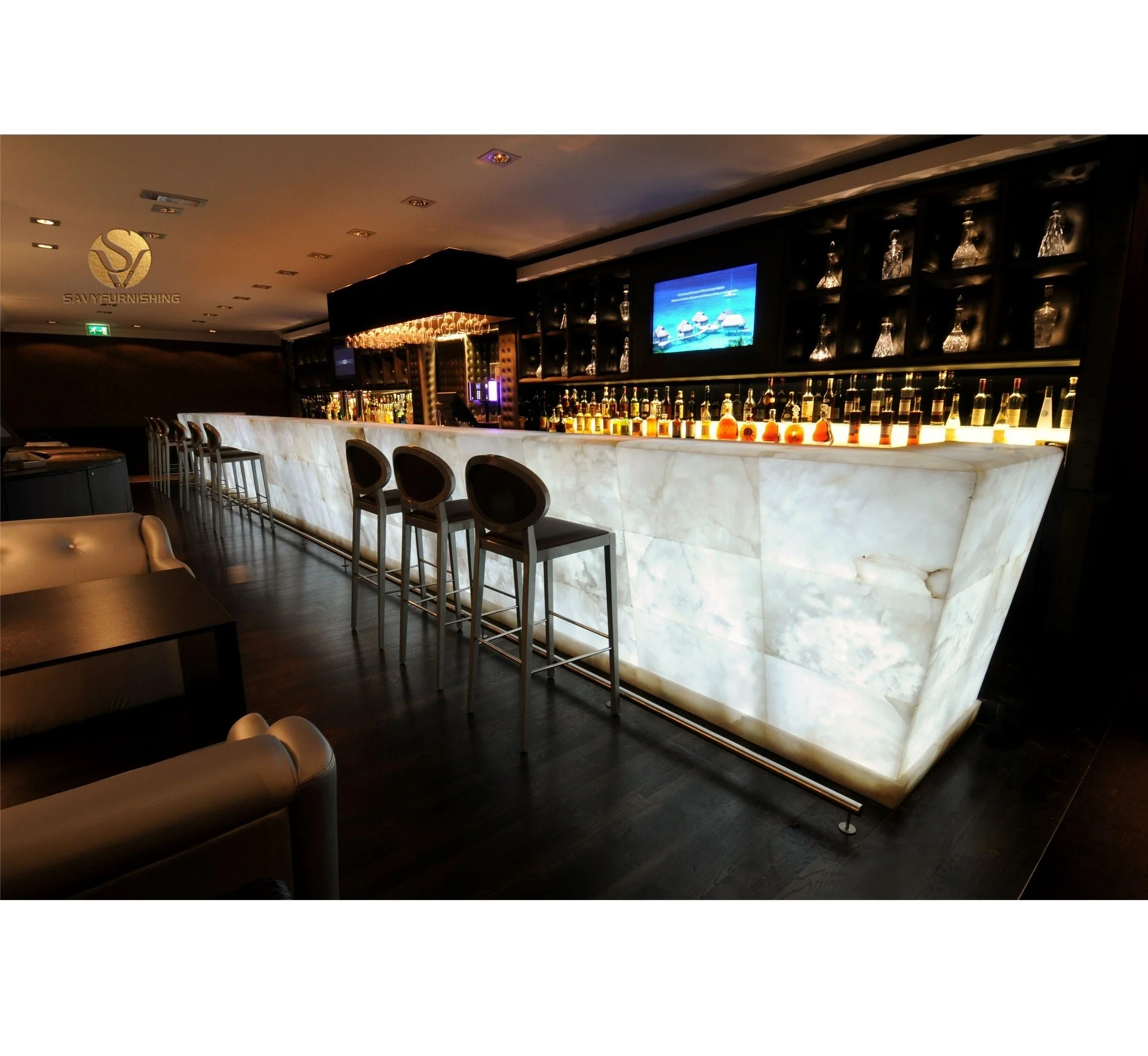 Luxury White Illuminated Onyx Bar Counter Builder Commercial Bar Counter Design Fancy Cocktail Whisky Bar Furniture For Sale
