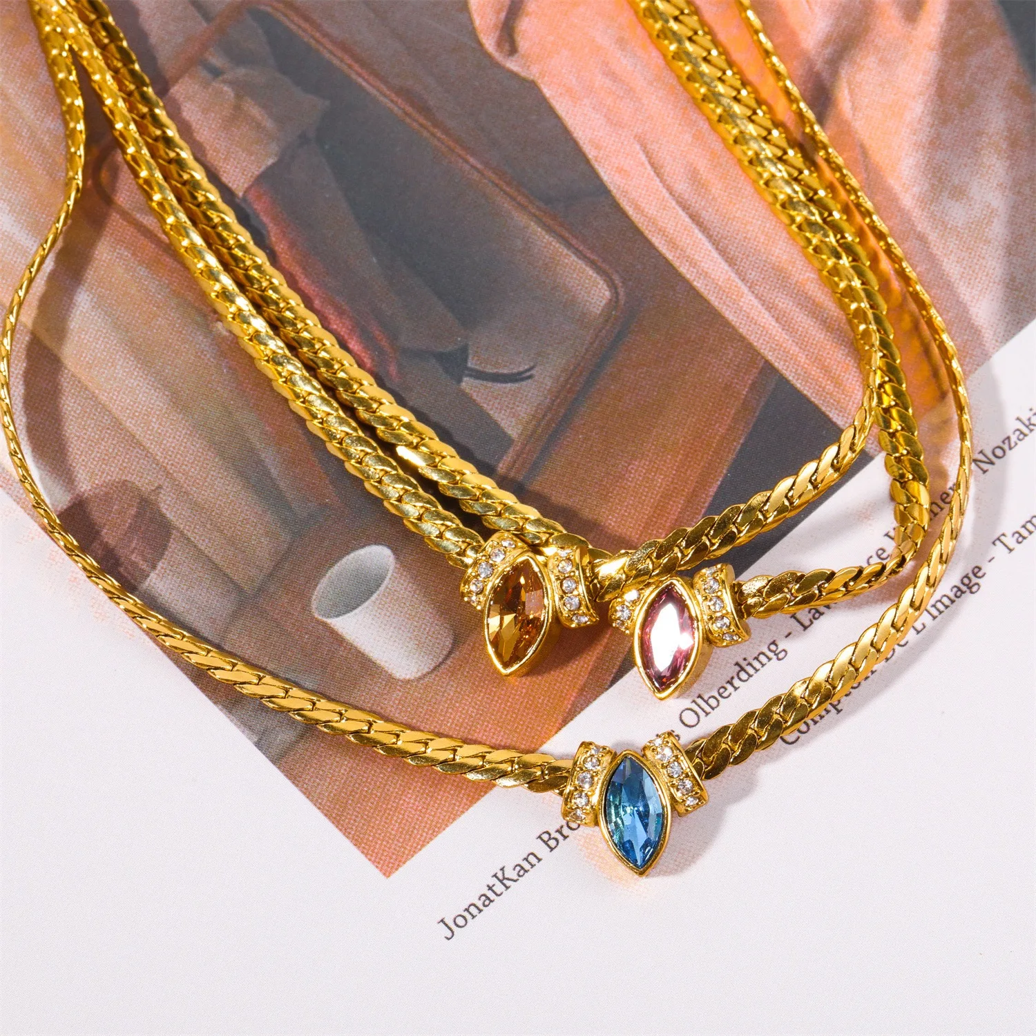 Hot sale stainless steel gold plated colorful diamond zircon snake chain necklace for women