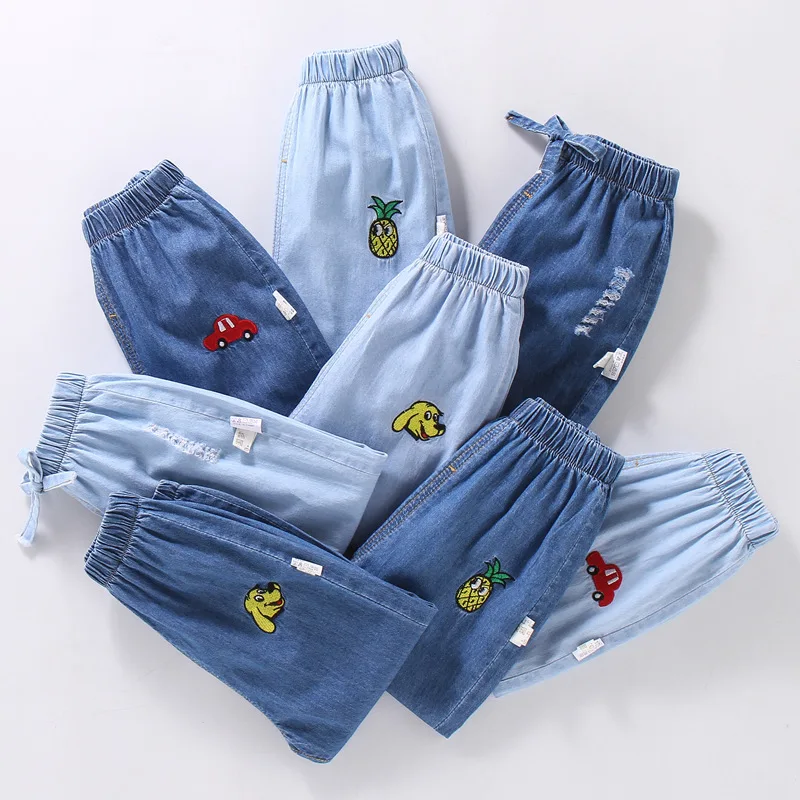 elastic waist kids trousers denim pants toddlers jean suits for boys and girls cute fruit embroidery jeans boy