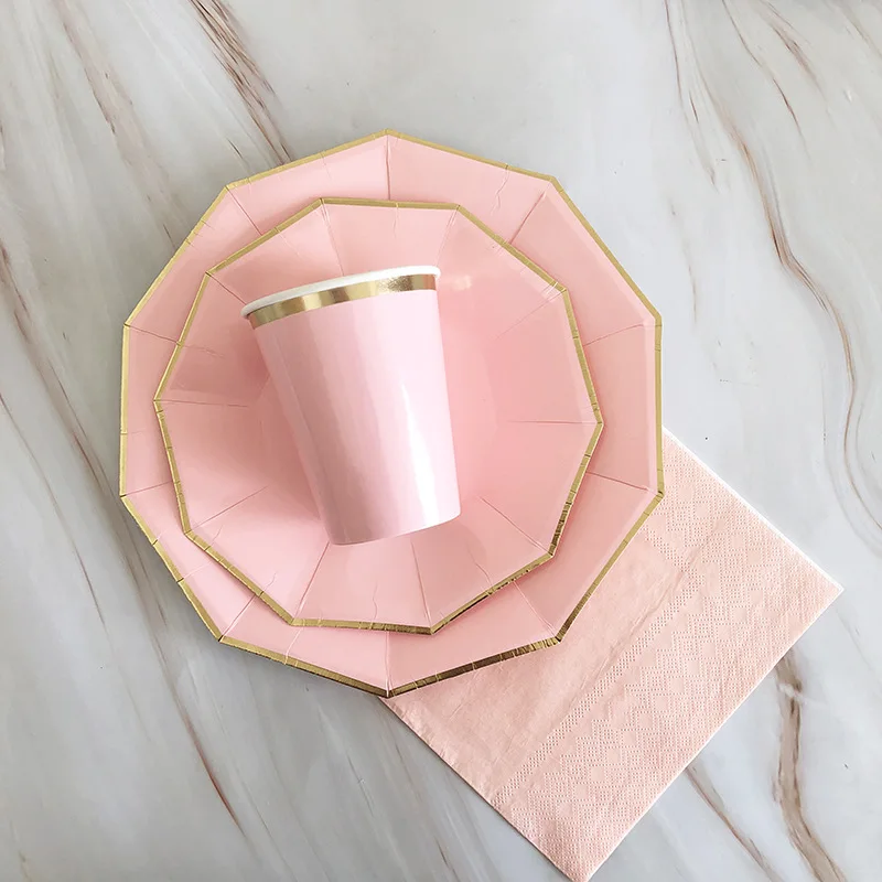 New design hot stamping lace plain colour theme paper cup and napkin disposable paper plate set