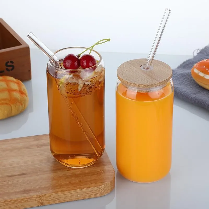 High Borosilicate Sublimation Soda Cup Beer Can Shaped Glass with Bamboo Lid and Straw Beer Mug
