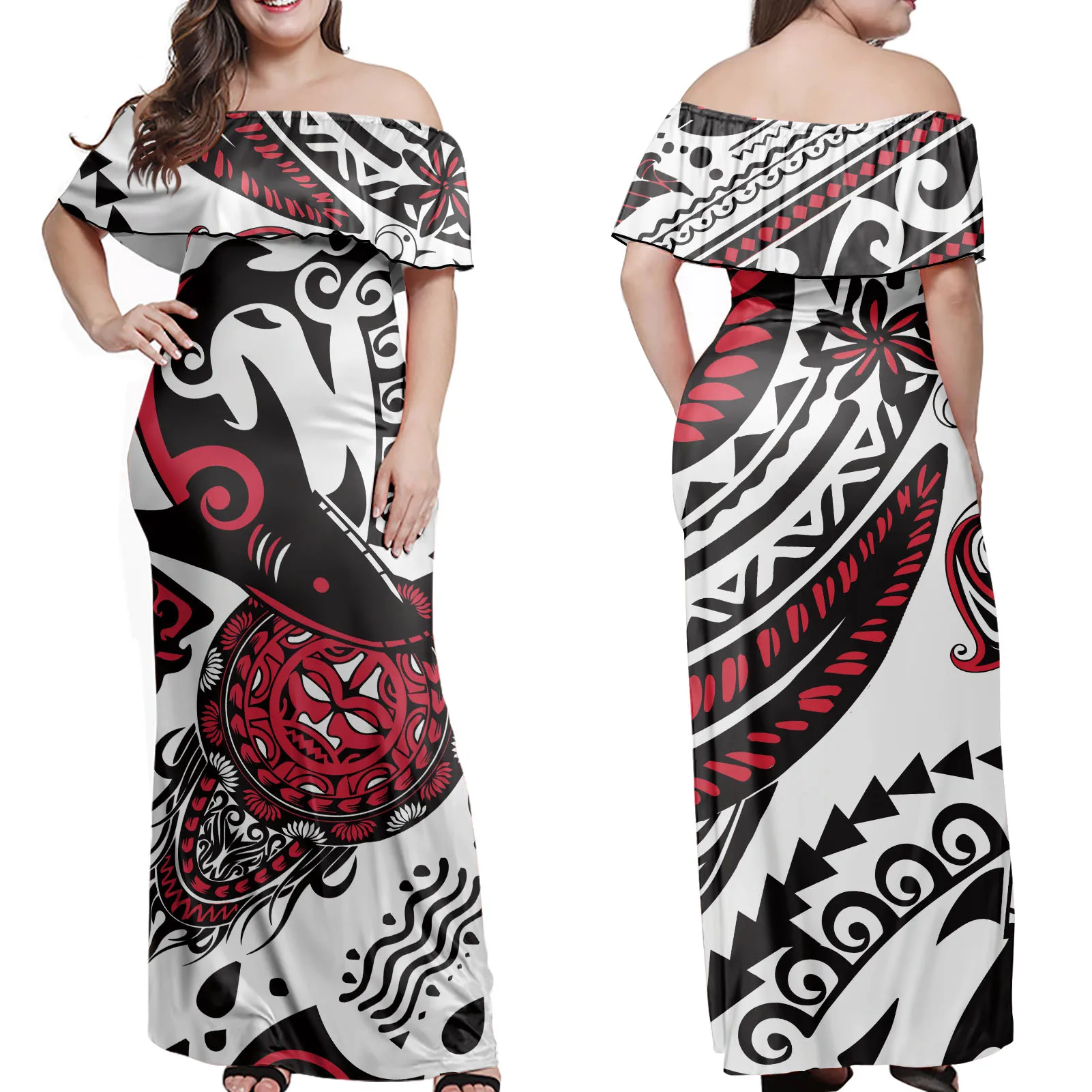 Stylish Polynesian Tribal Designs Night Dresses for Woman Casual Hawaiian Party Dress Sexy Off Shoulder Summer Maxi Dresses