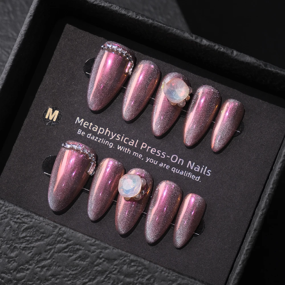 Glamorous Pink Glitter Press-On Nails Handmade Crystal Healing Nail Art Heart Chakra French Square Coffin Pattern ABS Soft