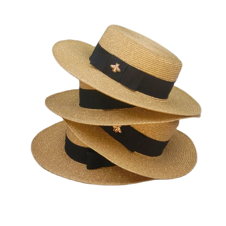 Unisex Summer Straw Women Wide Brim Flat Top Sunhat Sombreros Boater beach hats