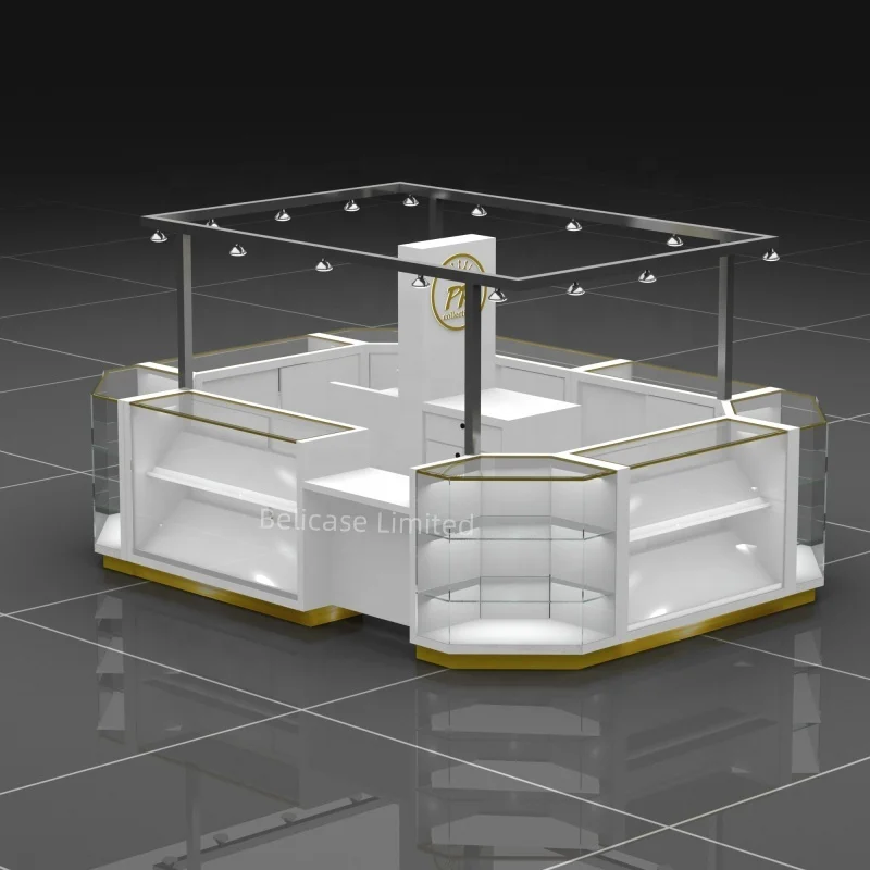 New Design Shopping Mall Jewelry Store Showcase Necklace Display Cabinet Over Head Light Jewelry Kiosk with LED Light