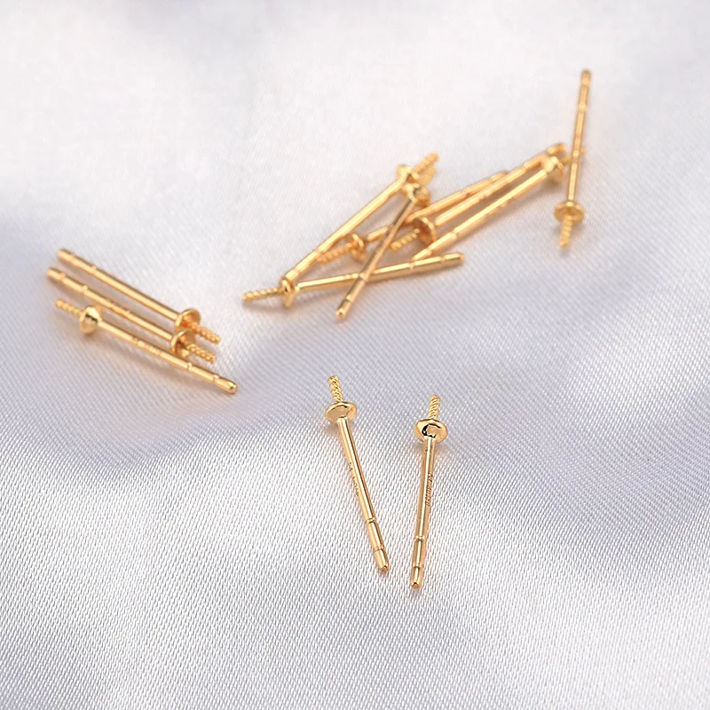 18K Solid Gold Stud Earring Posts With Cup Peg for Half Drilled Pearl Beads Stud Ear Wire Post Jewelry Making